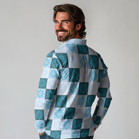 Cyan Manta Ray Hawaiian Quilt Motif Long Sleeve Polo Shirt LT05 - Polynesian Pride