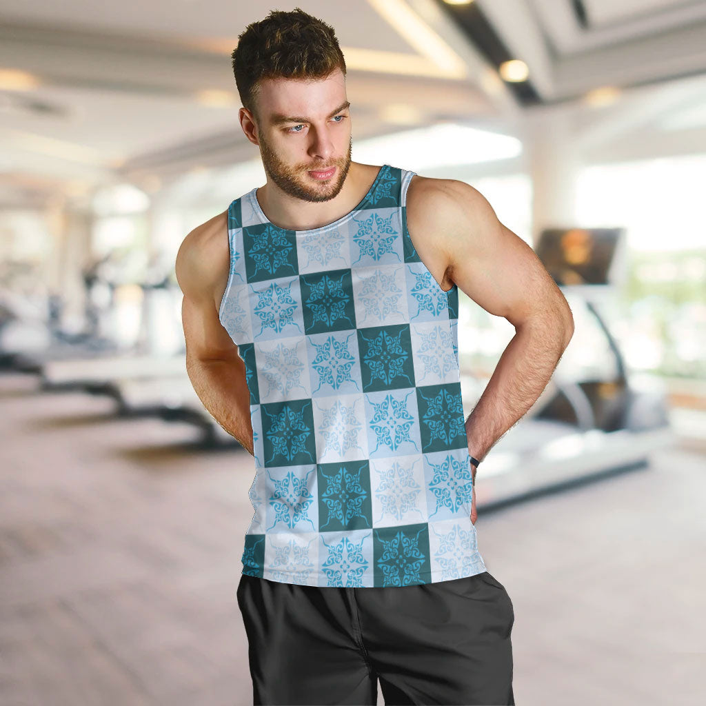 Cyan Manta Ray Hawaiian Quilt Motif Men Tank Top LT05 Blue - Polynesian Pride