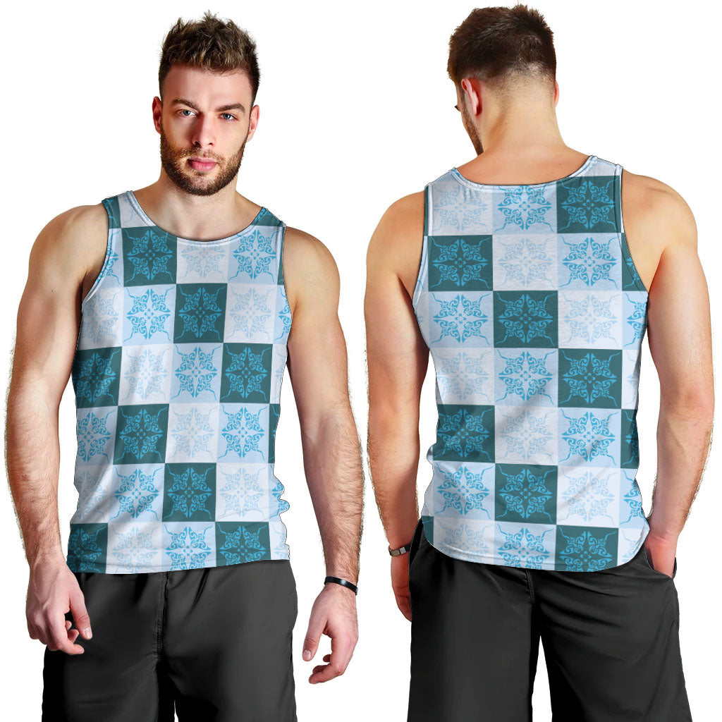 Cyan Manta Ray Hawaiian Quilt Motif Men Tank Top LT05 - Polynesian Pride