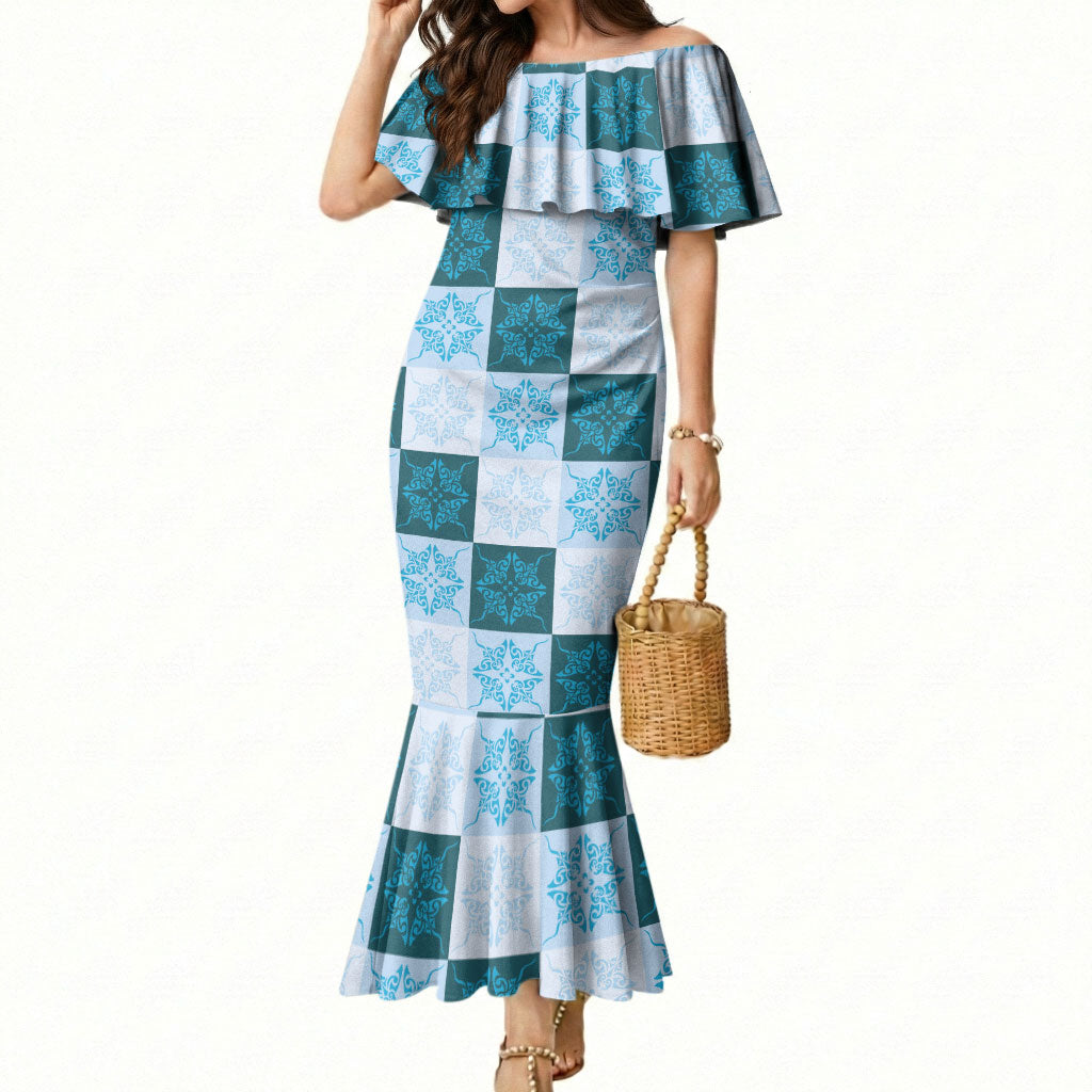 Cyan Manta Ray Hawaiian Quilt Motif Mermaid Dress LT05 Women Blue - Polynesian Pride