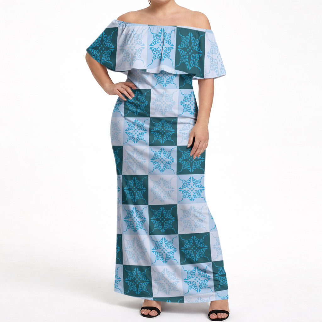 Cyan Manta Ray Hawaiian Quilt Motif Off Shoulder Maxi Dress LT05 Women Blue - Polynesian Pride