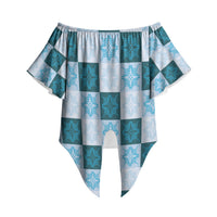 Cyan Manta Ray Hawaiian Quilt Motif Off Shoulder Wrap Waist Top LT05 Blue - Polynesian Pride