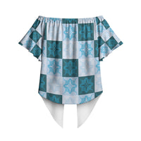 Cyan Manta Ray Hawaiian Quilt Motif Off Shoulder Wrap Waist Top LT05 - Polynesian Pride