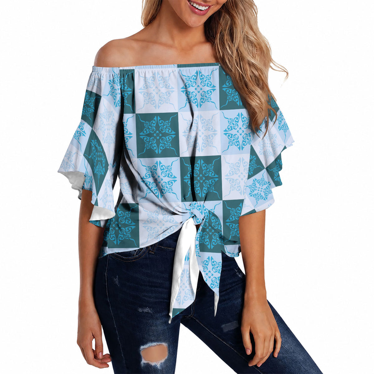 Cyan Manta Ray Hawaiian Quilt Motif Off Shoulder Wrap Waist Top LT05 - Polynesian Pride