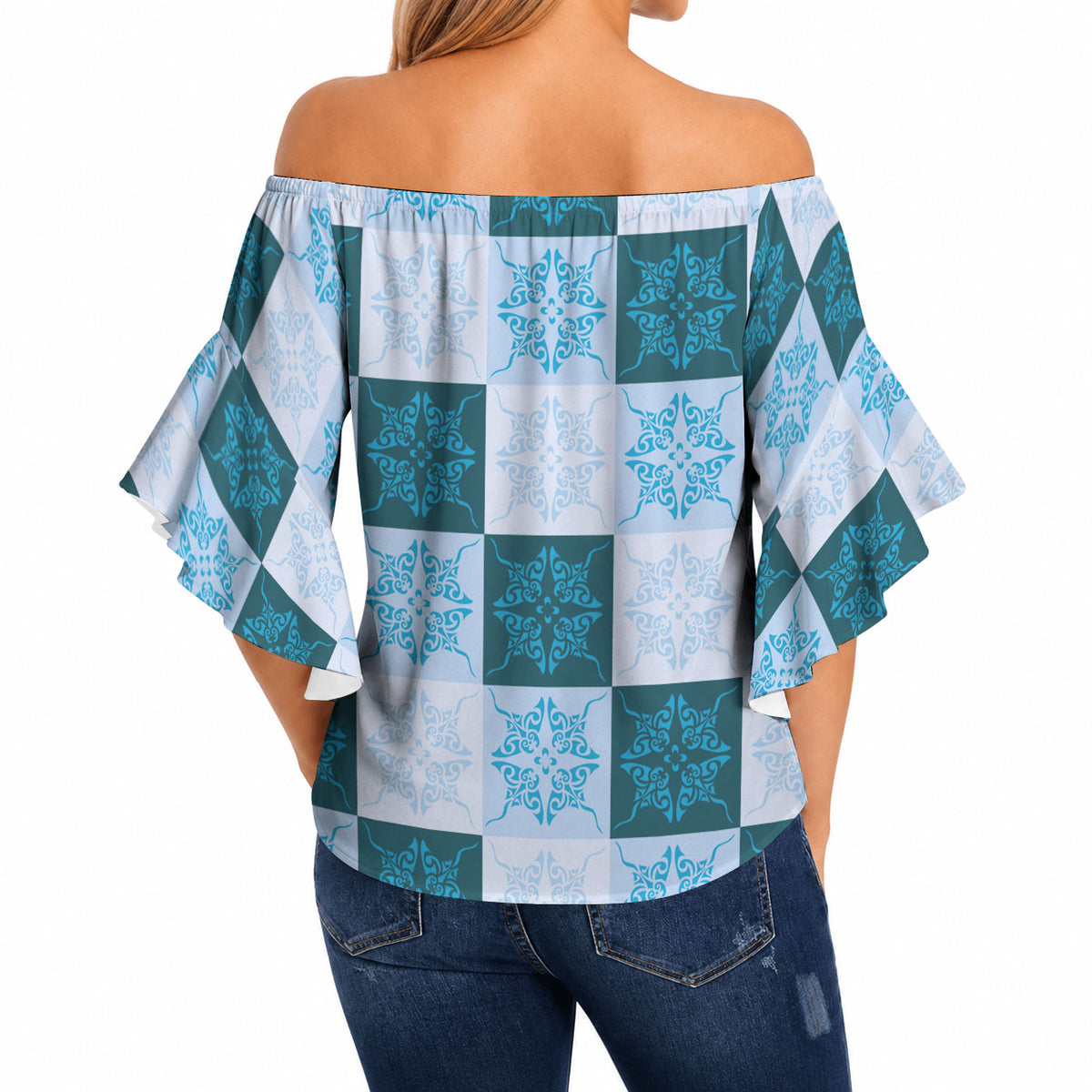 Cyan Manta Ray Hawaiian Quilt Motif Off Shoulder Wrap Waist Top LT05 - Polynesian Pride