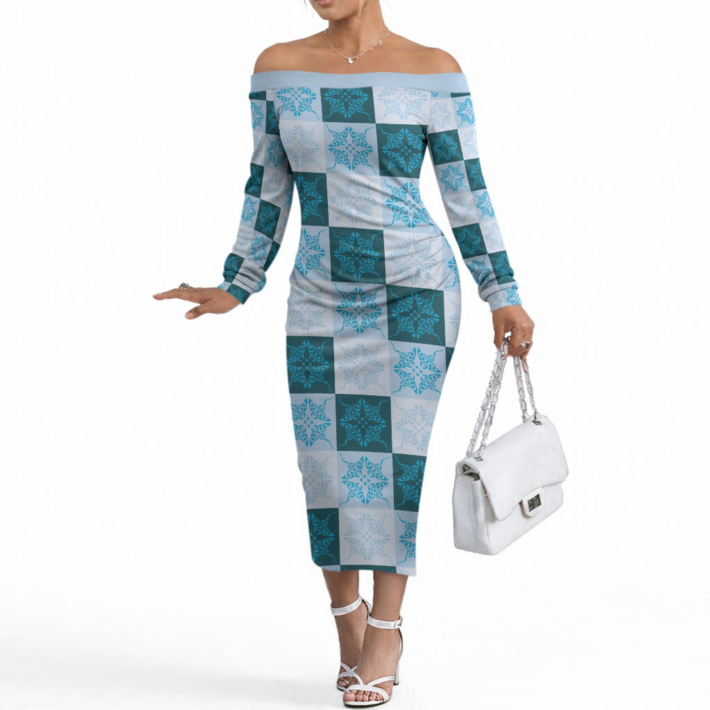 Cyan Manta Ray Hawaiian Quilt Motif Off The Shoulder Long Sleeve Dress LT05 Women Blue - Polynesian Pride