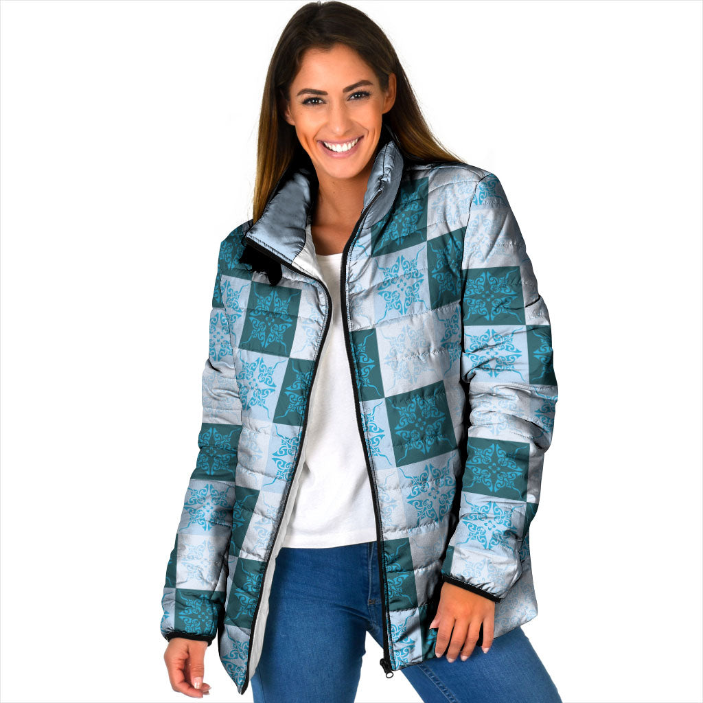 Cyan Manta Ray Hawaiian Quilt Motif Padded Jacket LT05 Women Blue - Polynesian Pride