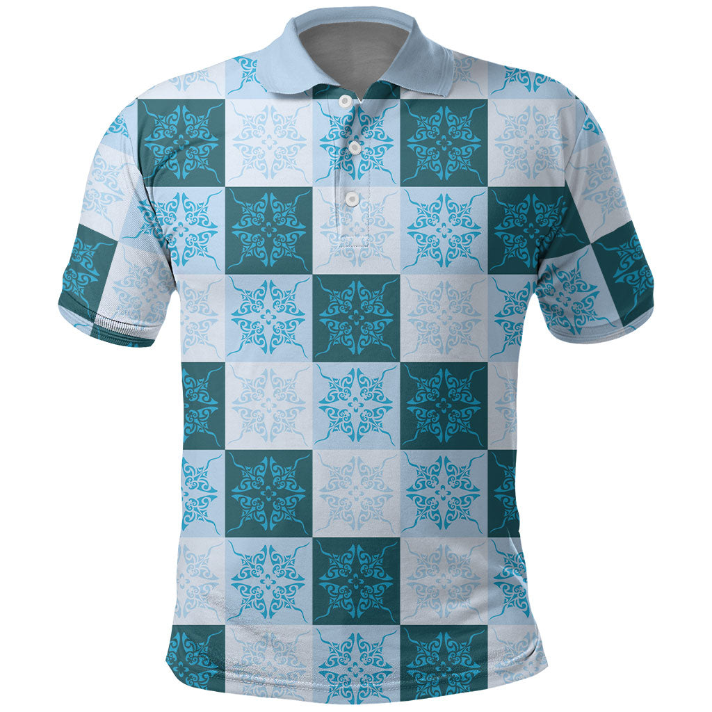 Cyan Manta Ray Hawaiian Quilt Motif Polo Shirt LT05 Blue - Polynesian Pride