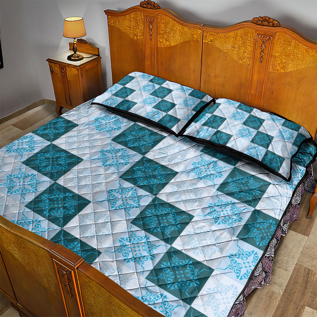 Cyan Manta Ray Hawaiian Quilt Motif Quilt Bed Set LT05 - Polynesian Pride