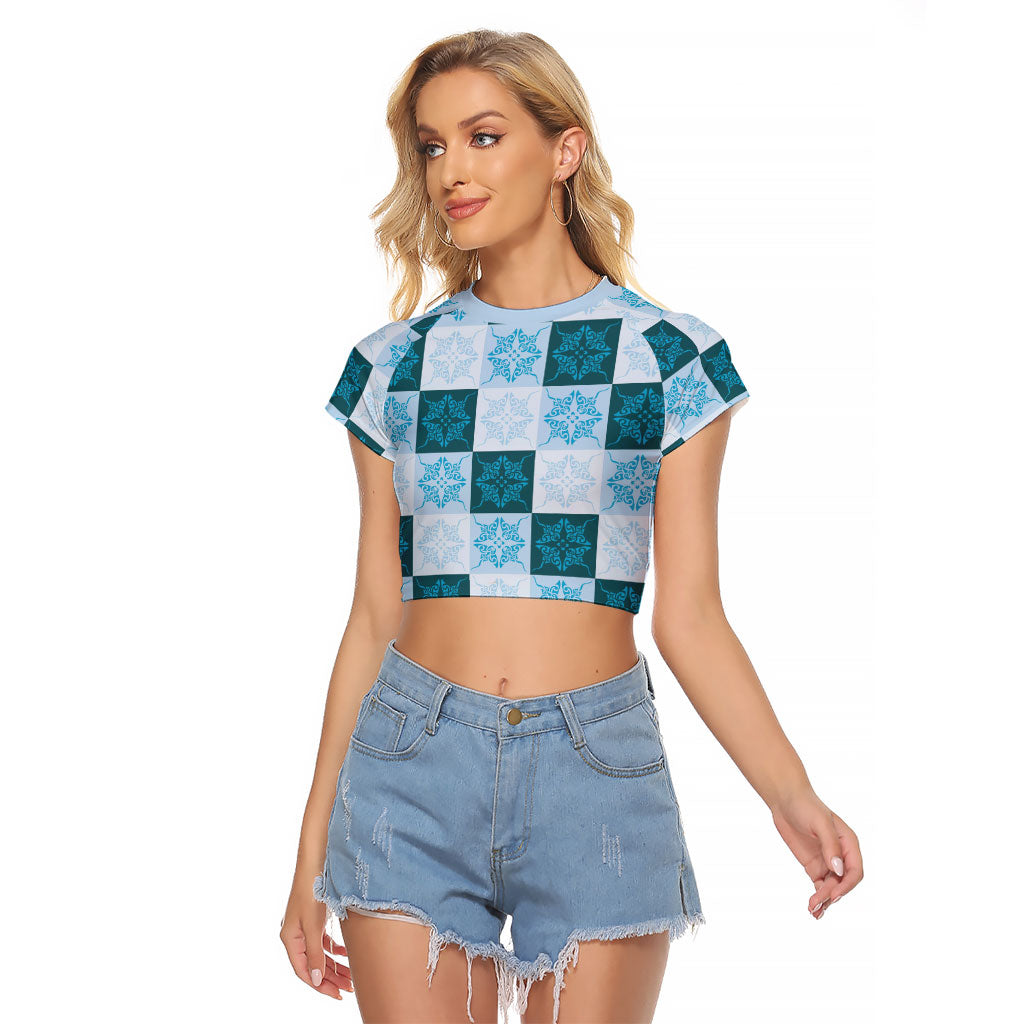 Cyan Manta Ray Hawaiian Quilt Motif Raglan Cropped T Shirt LT05 Female Blue - Polynesian Pride
