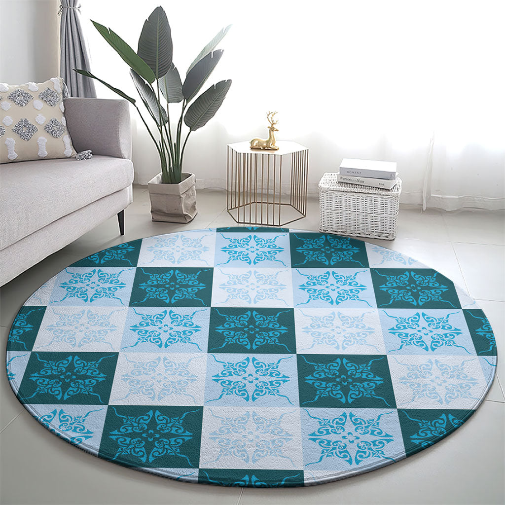 Cyan Manta Ray Hawaiian Quilt Motif Round Carpet LT05 - Polynesian Pride