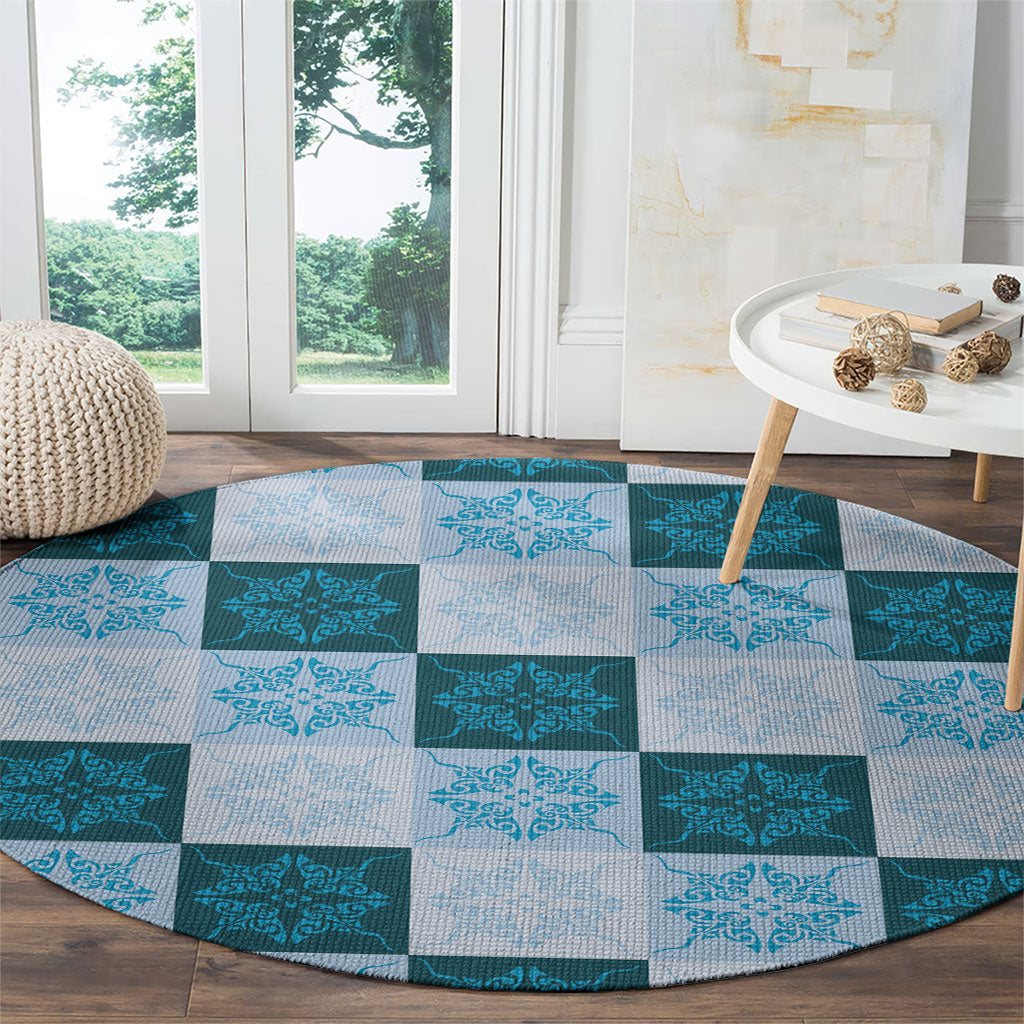 Cyan Manta Ray Hawaiian Quilt Motif Round Carpet LT05 - Polynesian Pride