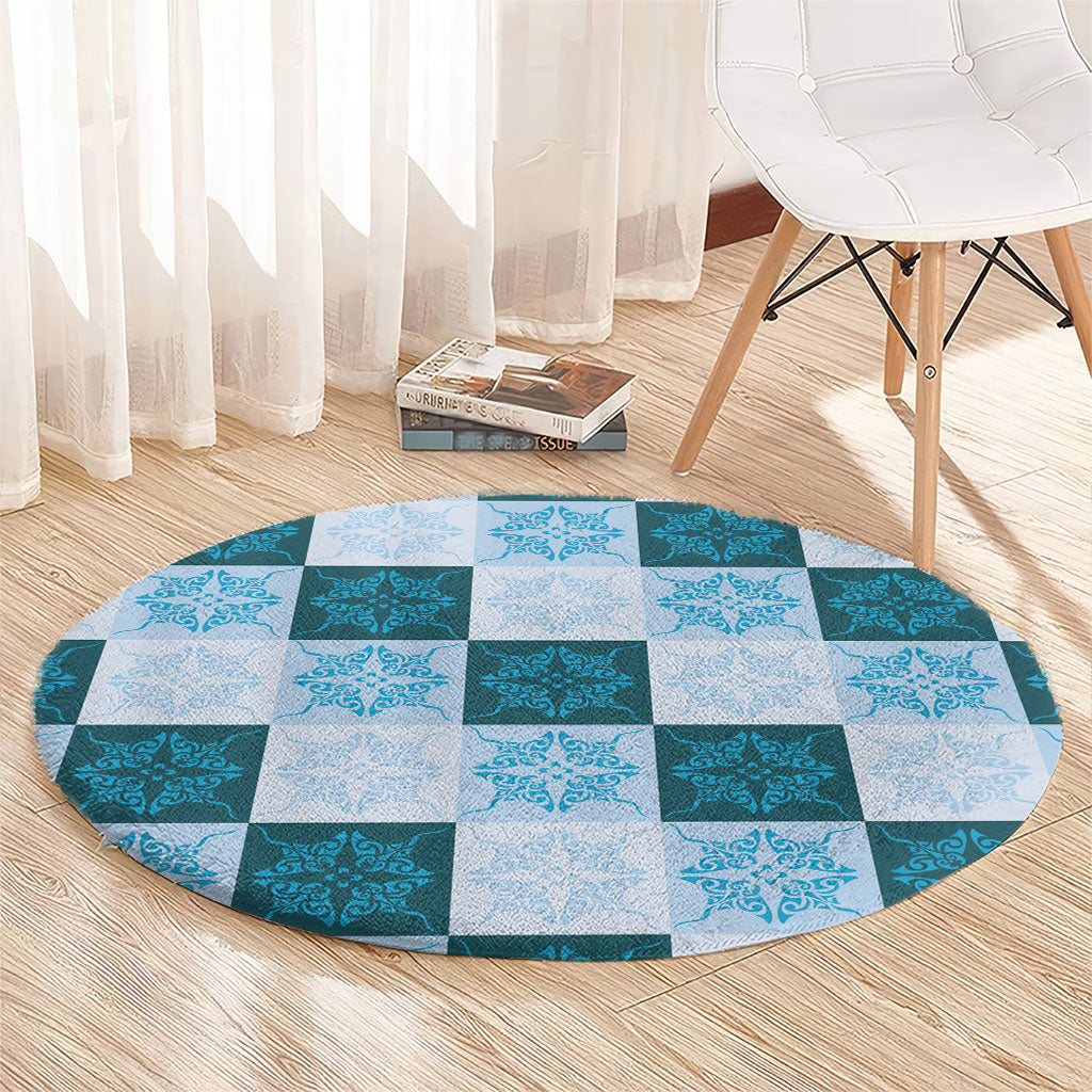 Cyan Manta Ray Hawaiian Quilt Motif Round Carpet LT05 - Polynesian Pride
