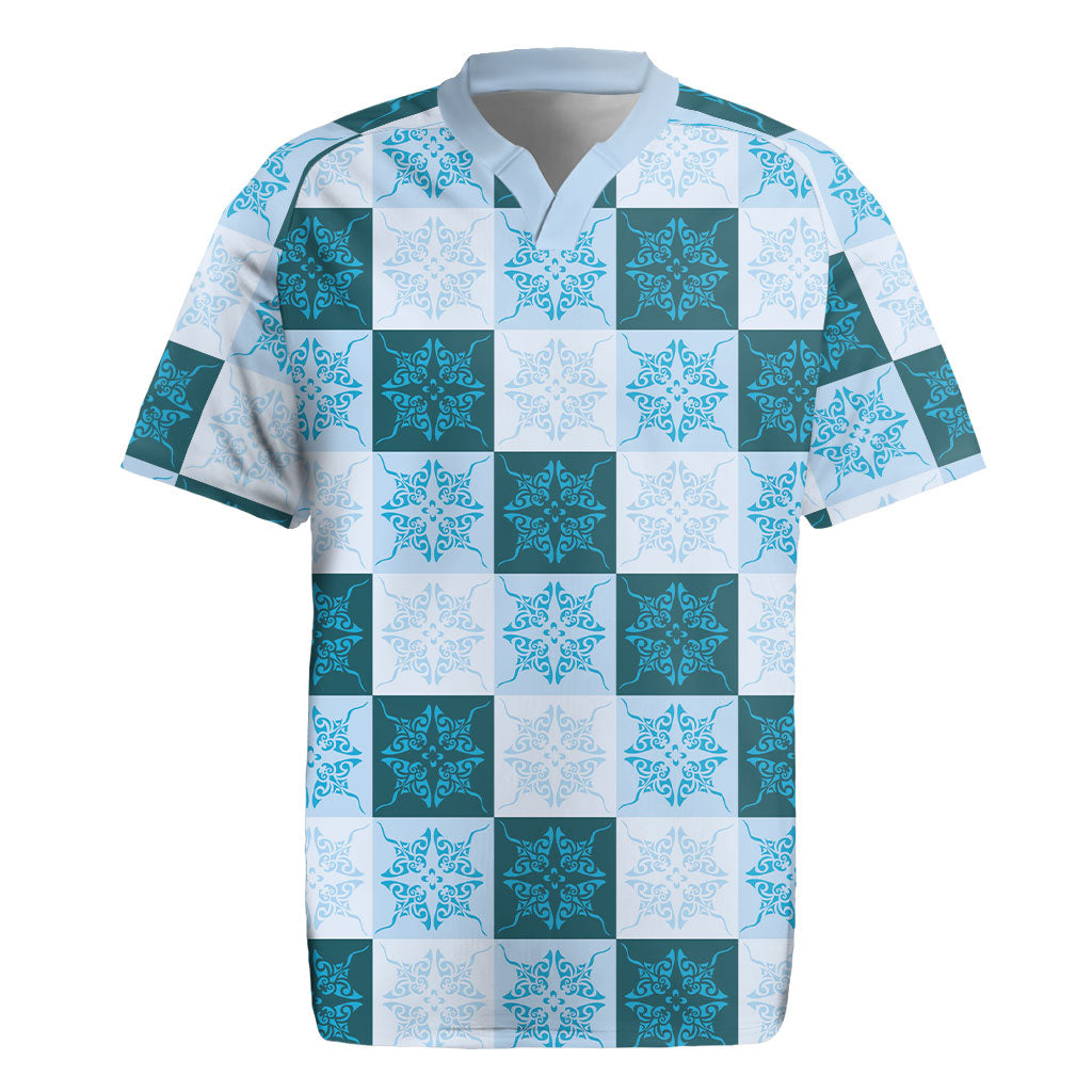 Cyan Manta Ray Hawaiian Quilt Motif Rugby Jersey LT05 Blue - Polynesian Pride