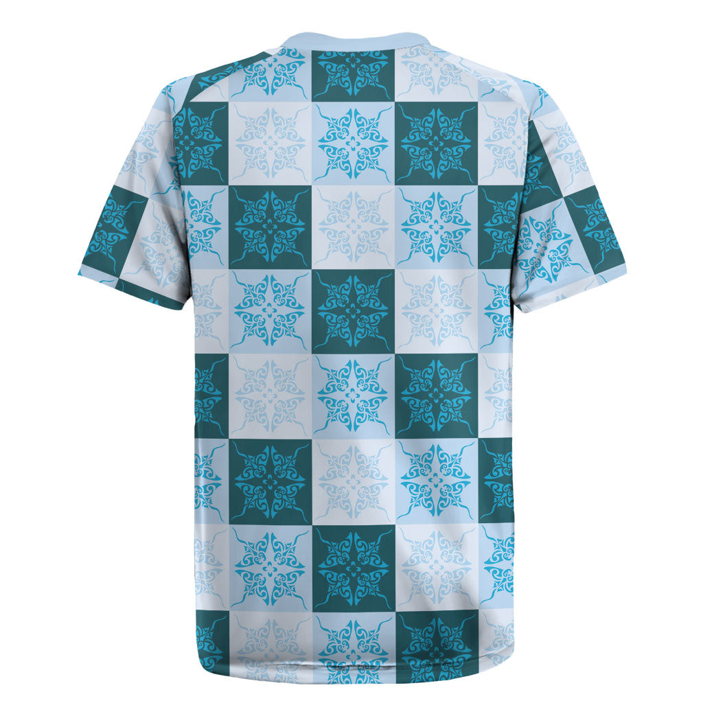 Cyan Manta Ray Hawaiian Quilt Motif Rugby Jersey LT05 - Polynesian Pride