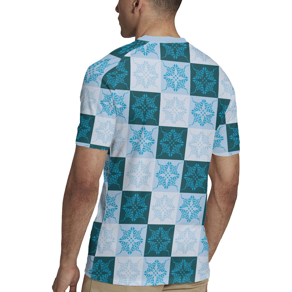 Cyan Manta Ray Hawaiian Quilt Motif Rugby Jersey LT05 - Polynesian Pride