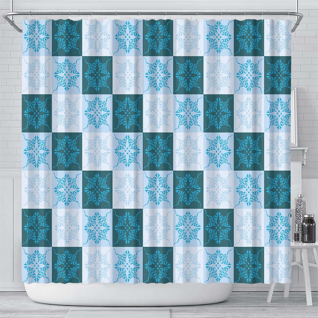 Cyan Manta Ray Hawaiian Quilt Motif Shower Curtain LT05 - Polynesian Pride