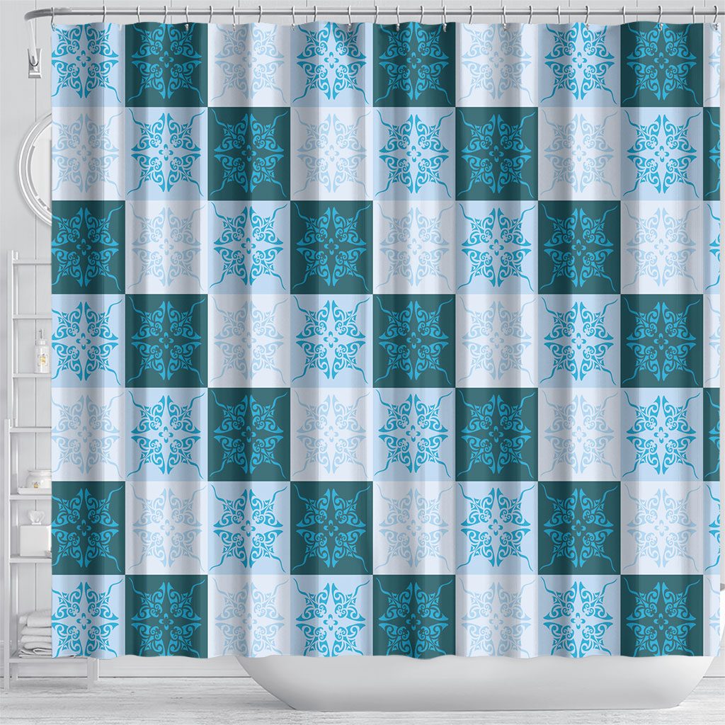Cyan Manta Ray Hawaiian Quilt Motif Shower Curtain LT05 - Polynesian Pride