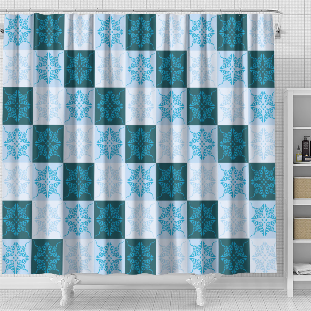 Cyan Manta Ray Hawaiian Quilt Motif Shower Curtain LT05 - Polynesian Pride