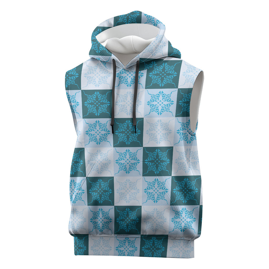 Cyan Manta Ray Hawaiian Quilt Motif Sleeveless Hoodie LT05 Blue - Polynesian Pride