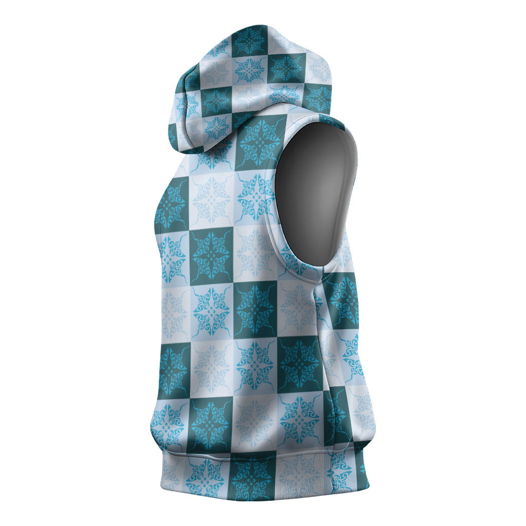 Cyan Manta Ray Hawaiian Quilt Motif Sleeveless Hoodie LT05 - Polynesian Pride