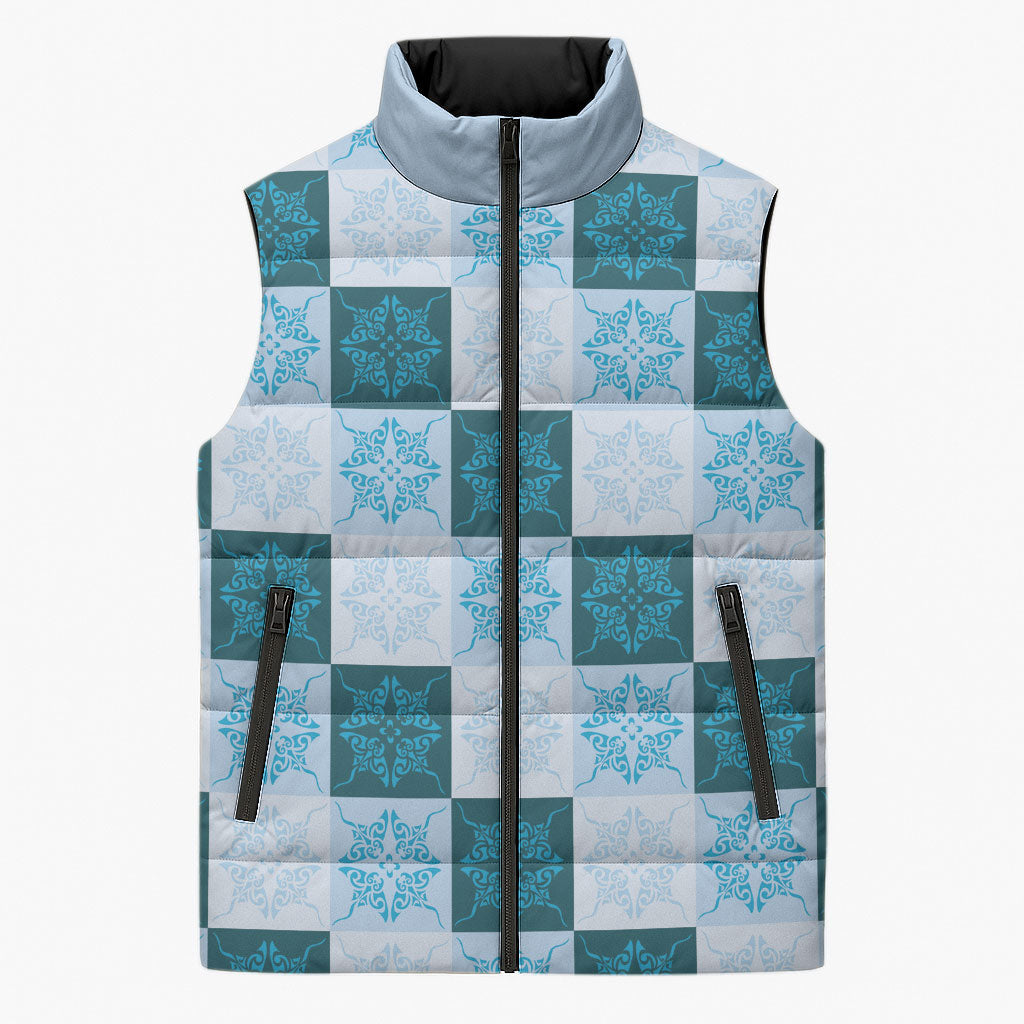 Cyan Manta Ray Hawaiian Quilt Motif Sleeveless Puffer Jacket LT05 Unisex Blue - Polynesian Pride
