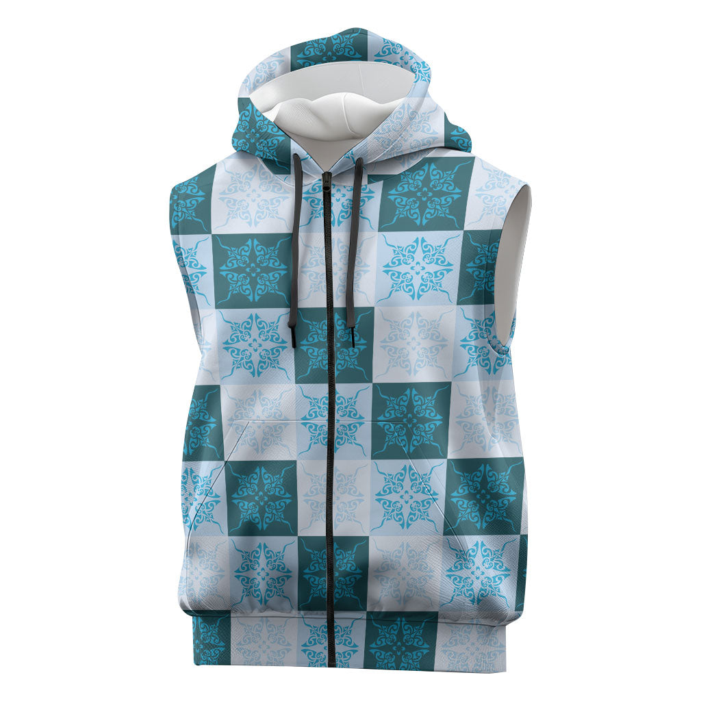 Cyan Manta Ray Hawaiian Quilt Motif Sleeveless Zip Hoodie LT05 Blue - Polynesian Pride