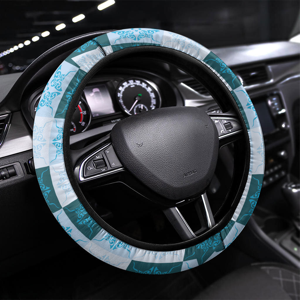Cyan Manta Ray Hawaiian Quilt Motif Steering Wheel Cover LT05 Universal Fit Blue - Polynesian Pride