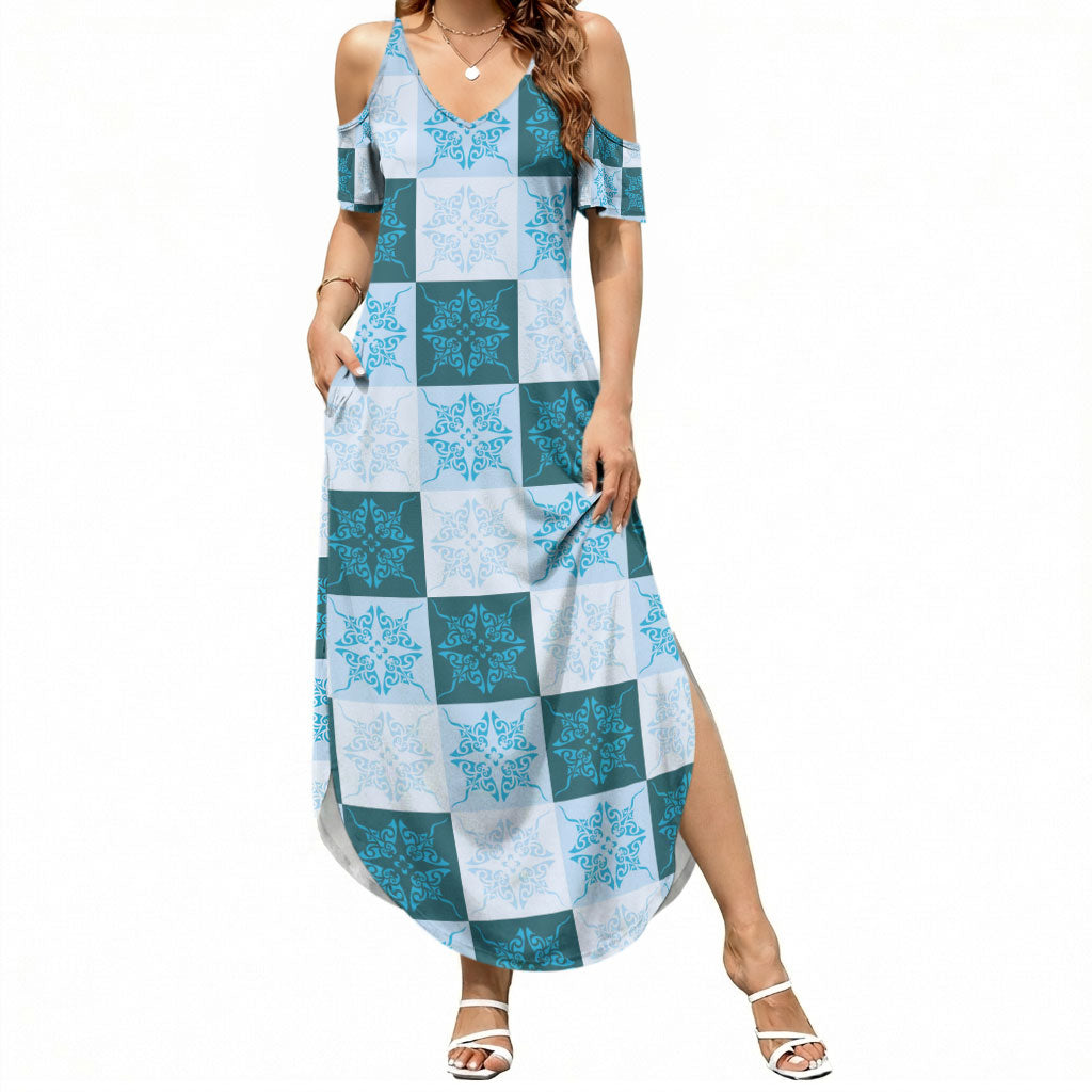 Cyan Manta Ray Hawaiian Quilt Motif Summer Maxi Dress LT05 Women Blue - Polynesian Pride