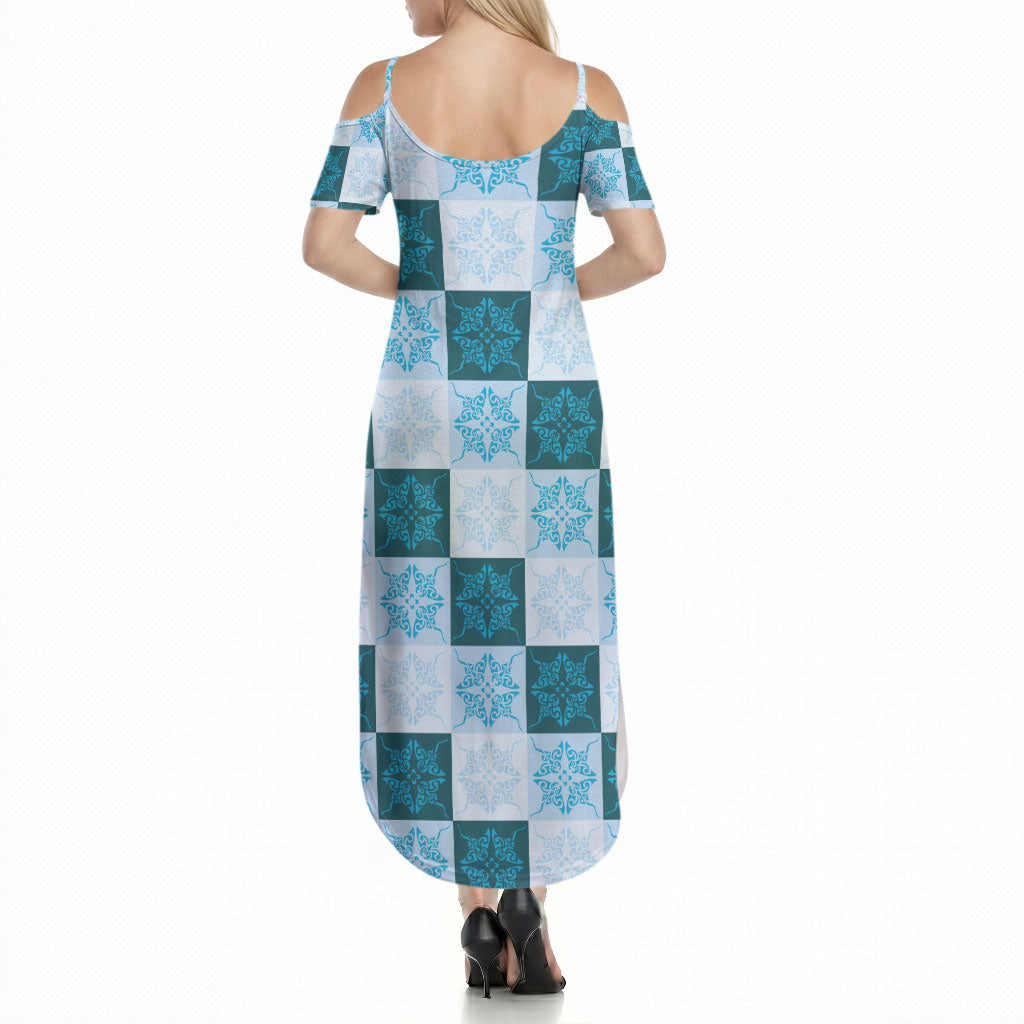 Cyan Manta Ray Hawaiian Quilt Motif Summer Maxi Dress LT05 - Polynesian Pride