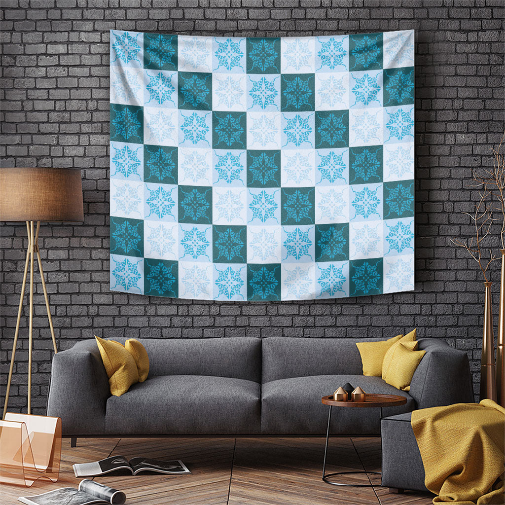 Cyan Manta Ray Hawaiian Quilt Motif Tapestry LT05 Blue - Polynesian Pride