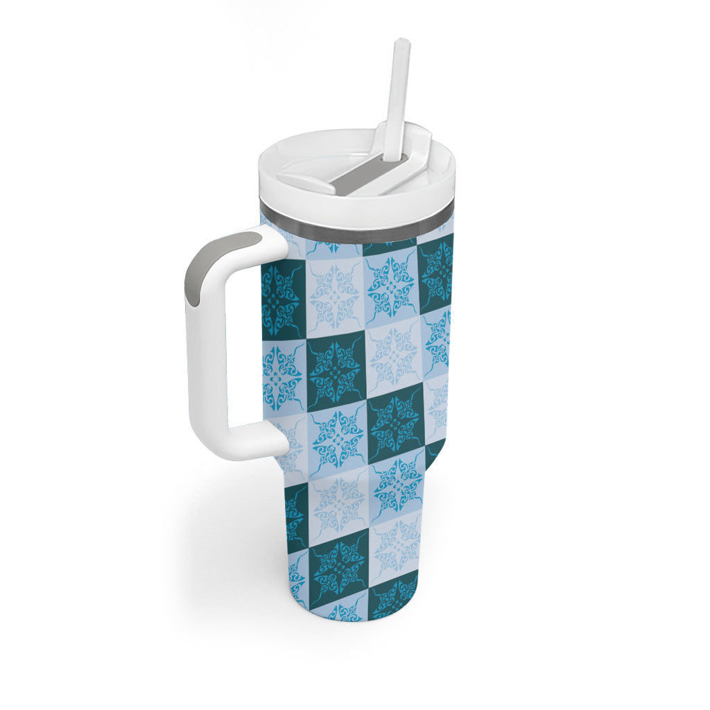 Cyan Manta Ray Hawaiian Quilt Motif Tumbler With Handle LT05 - Polynesian Pride
