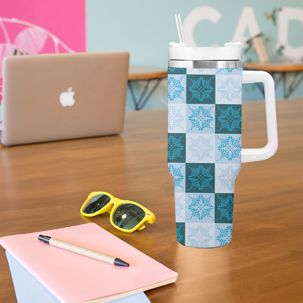 Cyan Manta Ray Hawaiian Quilt Motif Tumbler With Handle LT05 - Polynesian Pride