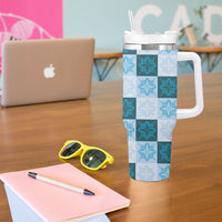 Cyan Manta Ray Hawaiian Quilt Motif Tumbler With Handle LT05 - Polynesian Pride