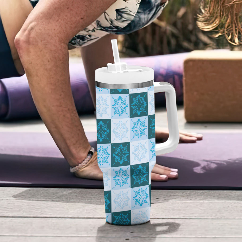 Cyan Manta Ray Hawaiian Quilt Motif Tumbler With Handle LT05 - Polynesian Pride