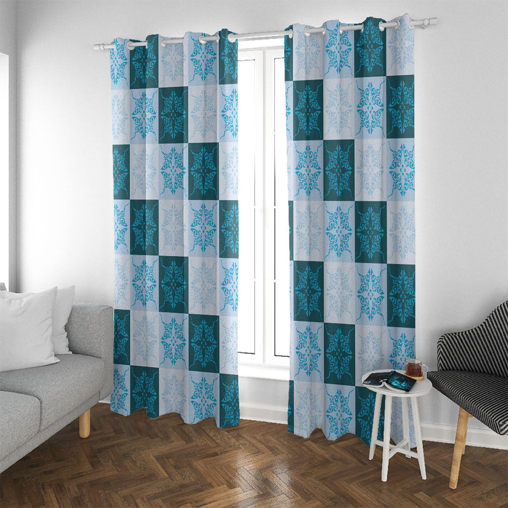 Cyan Manta Ray Hawaiian Quilt Motif Window Curtain LT05 With Grommets Blue - Polynesian Pride
