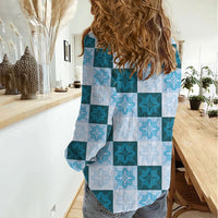 Cyan Manta Ray Hawaiian Quilt Motif Women Casual Shirt LT05 - Polynesian Pride