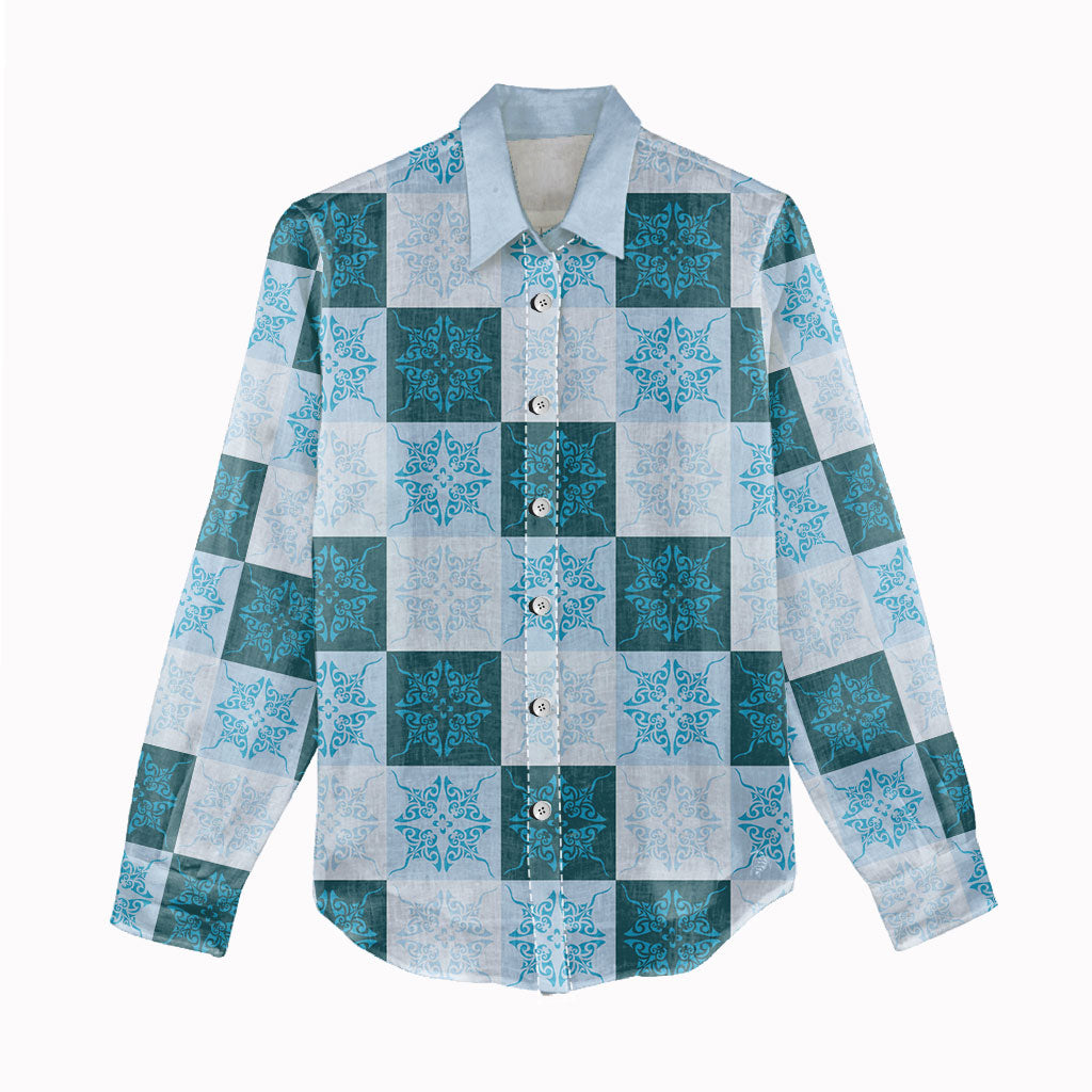 Cyan Manta Ray Hawaiian Quilt Motif Women Casual Shirt LT05 - Polynesian Pride