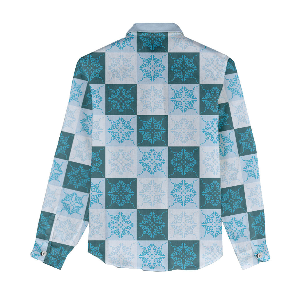 Cyan Manta Ray Hawaiian Quilt Motif Women Casual Shirt LT05 - Polynesian Pride