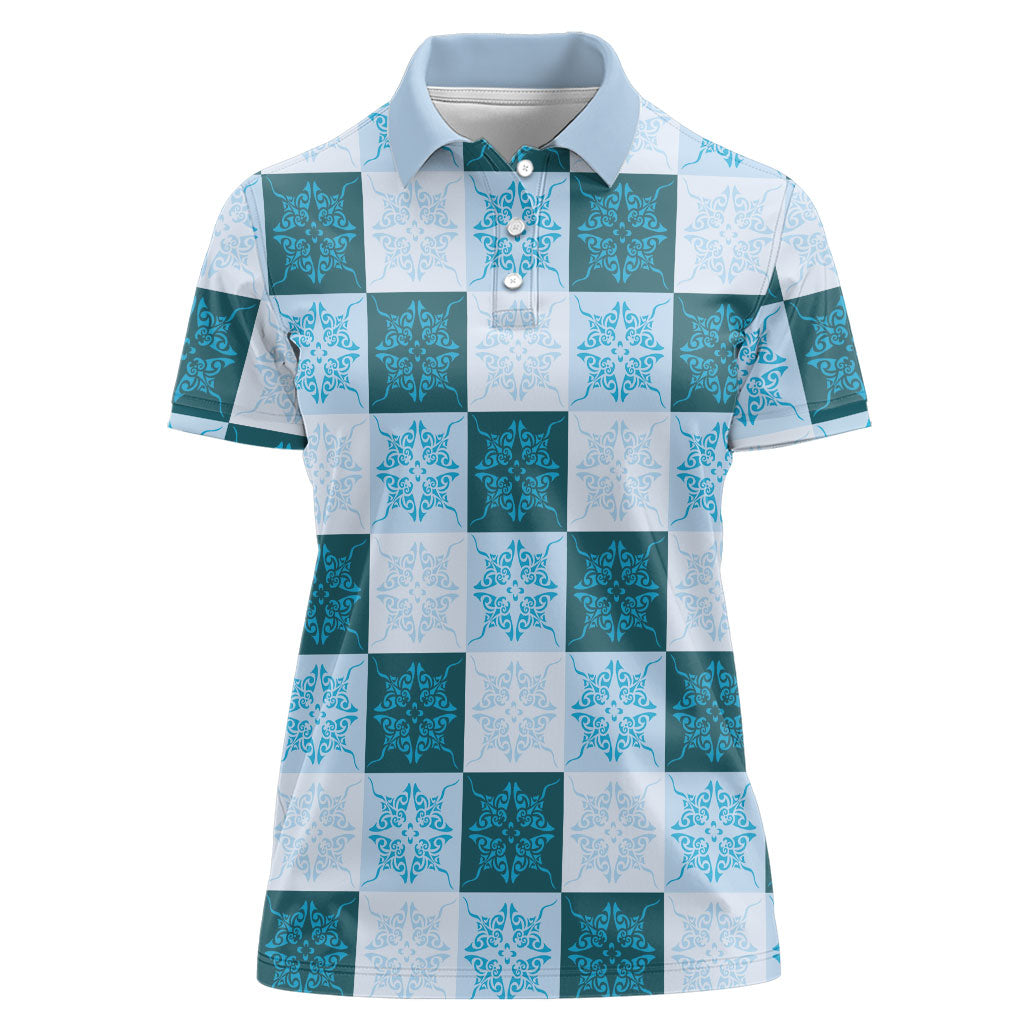 Cyan Manta Ray Hawaiian Quilt Motif Women Polo Shirt LT05 Female Blue - Polynesian Pride