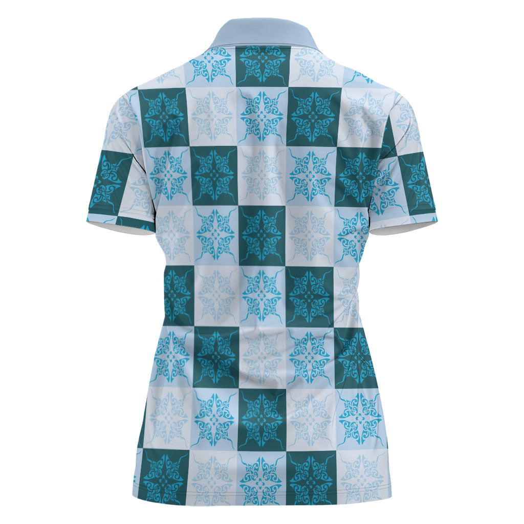 Cyan Manta Ray Hawaiian Quilt Motif Women Polo Shirt LT05 - Polynesian Pride