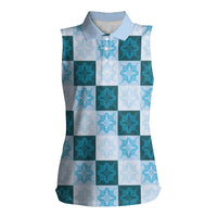 Cyan Manta Ray Hawaiian Quilt Motif Women Sleeveless Polo Shirt LT05 Female Blue - Polynesian Pride