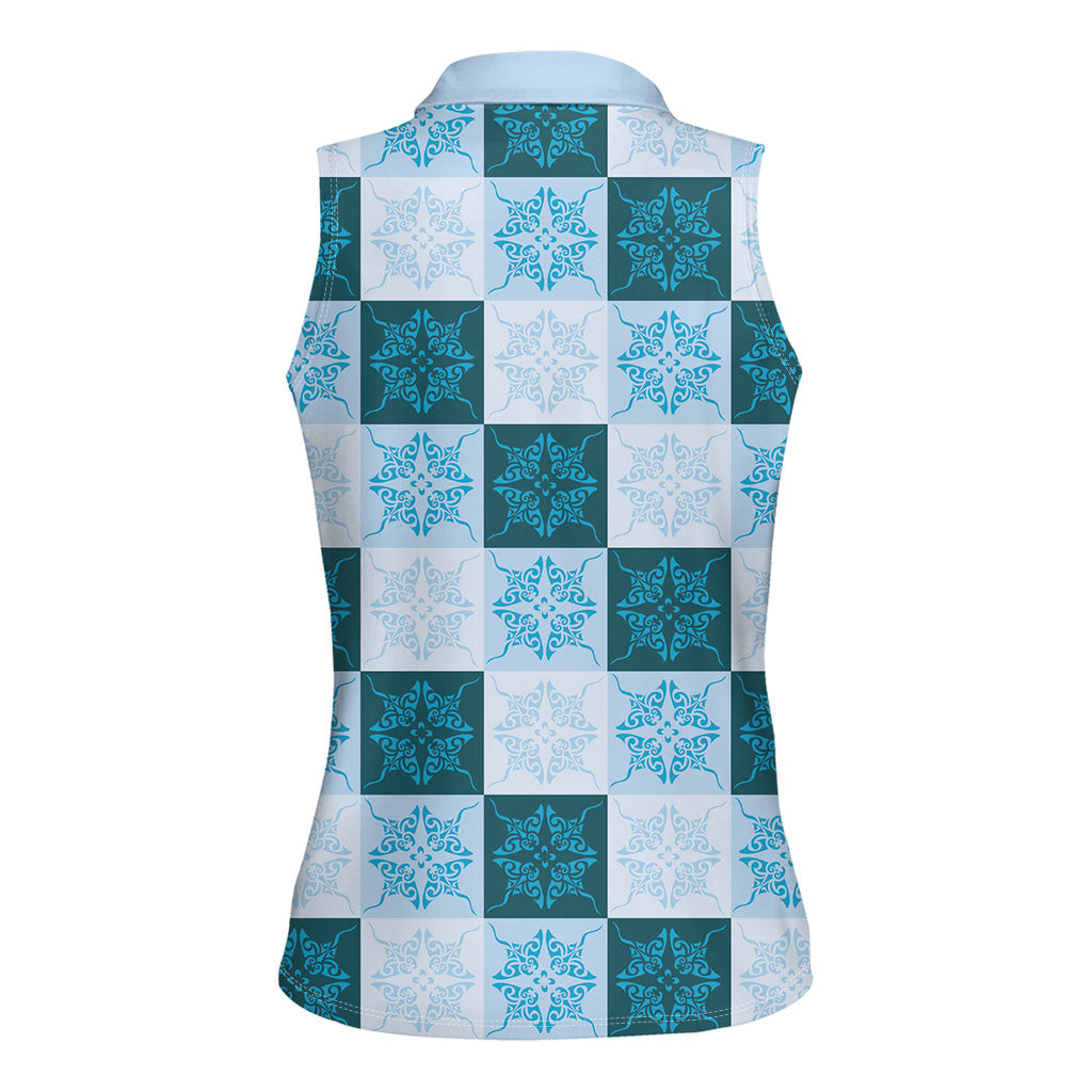 Cyan Manta Ray Hawaiian Quilt Motif Women Sleeveless Polo Shirt LT05 - Polynesian Pride