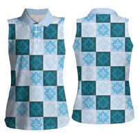 Cyan Manta Ray Hawaiian Quilt Motif Women Sleeveless Polo Shirt LT05 - Polynesian Pride