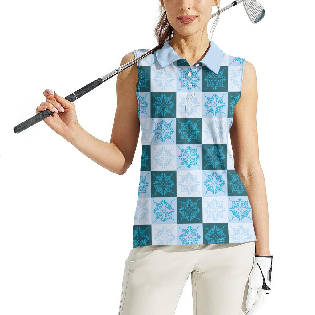 Cyan Manta Ray Hawaiian Quilt Motif Women Sleeveless Polo Shirt LT05 - Polynesian Pride