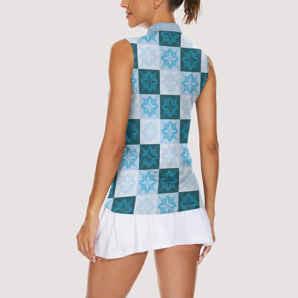 Cyan Manta Ray Hawaiian Quilt Motif Women Sleeveless Polo Shirt LT05 - Polynesian Pride