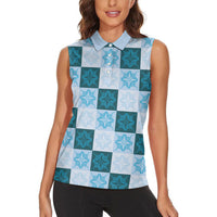 Cyan Manta Ray Hawaiian Quilt Motif Women Sleeveless Polo Shirt LT05 - Polynesian Pride