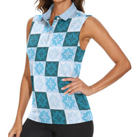 Cyan Manta Ray Hawaiian Quilt Motif Women Sleeveless Polo Shirt LT05 - Polynesian Pride