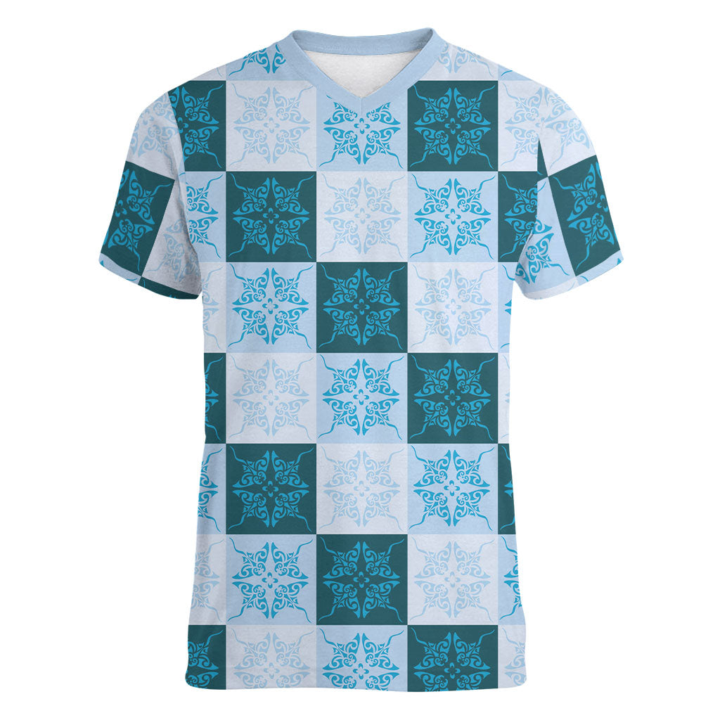 Cyan Manta Ray Hawaiian Quilt Motif Women V-Neck T-Shirt LT05 Female Blue - Polynesian Pride