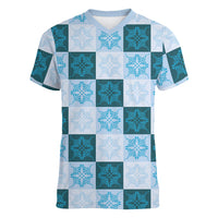 Cyan Manta Ray Hawaiian Quilt Motif Women V-Neck T-Shirt LT05 Female Blue - Polynesian Pride